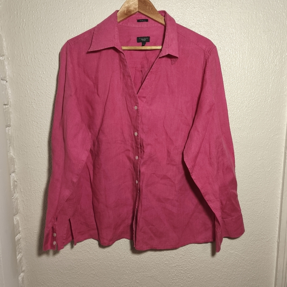 Talbots Pure Irish Linen Button Down Blouse sz 16W Pink Rose Blush Coastal Lux